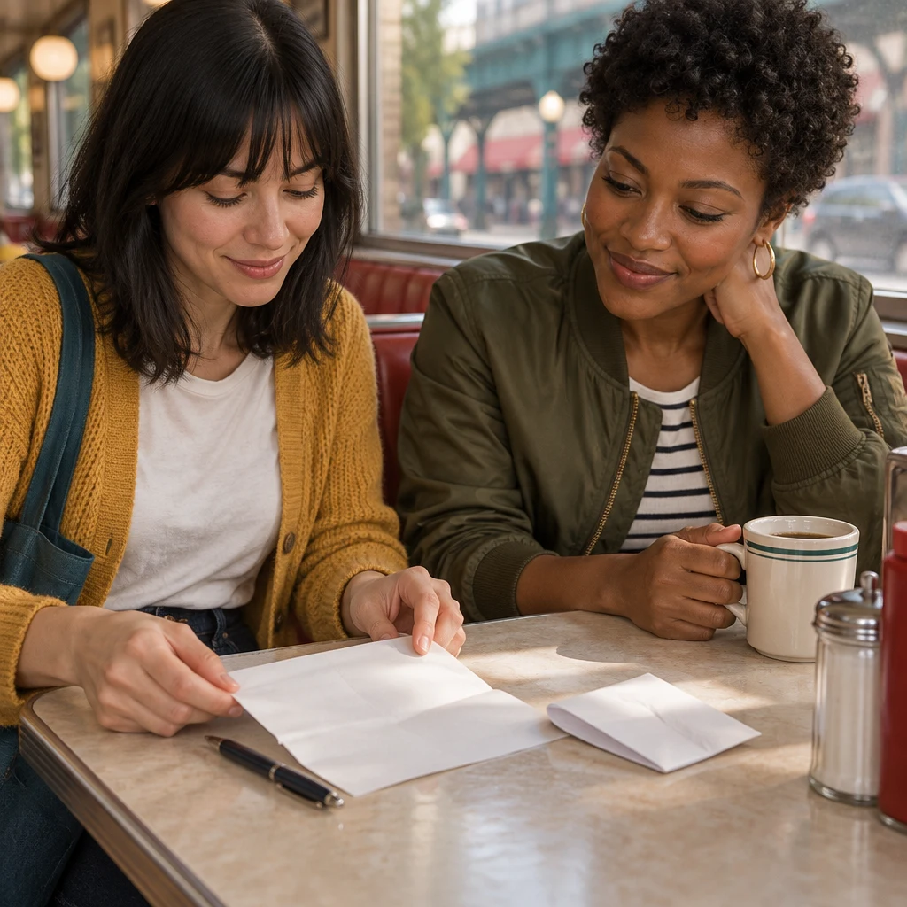 Ana unfolds one plain page beside her second note and pen as Tasha leans closer over her coffee.