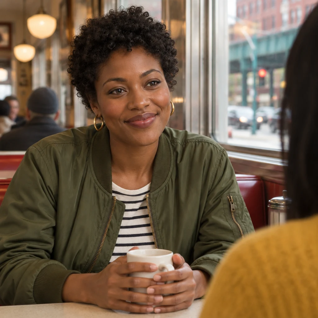 Tasha listens closely from the booth, holding her coffee as Ana reads from across the table.