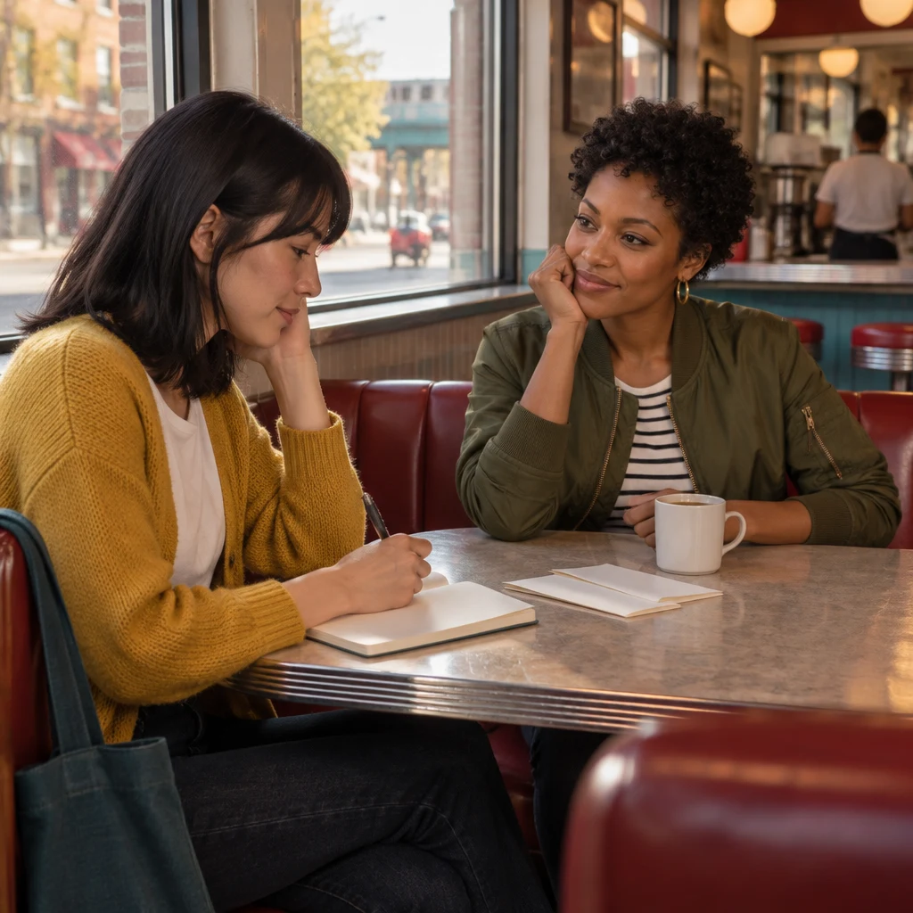 Ana pauses with her pen above the work note while Tasha listens across the booth.