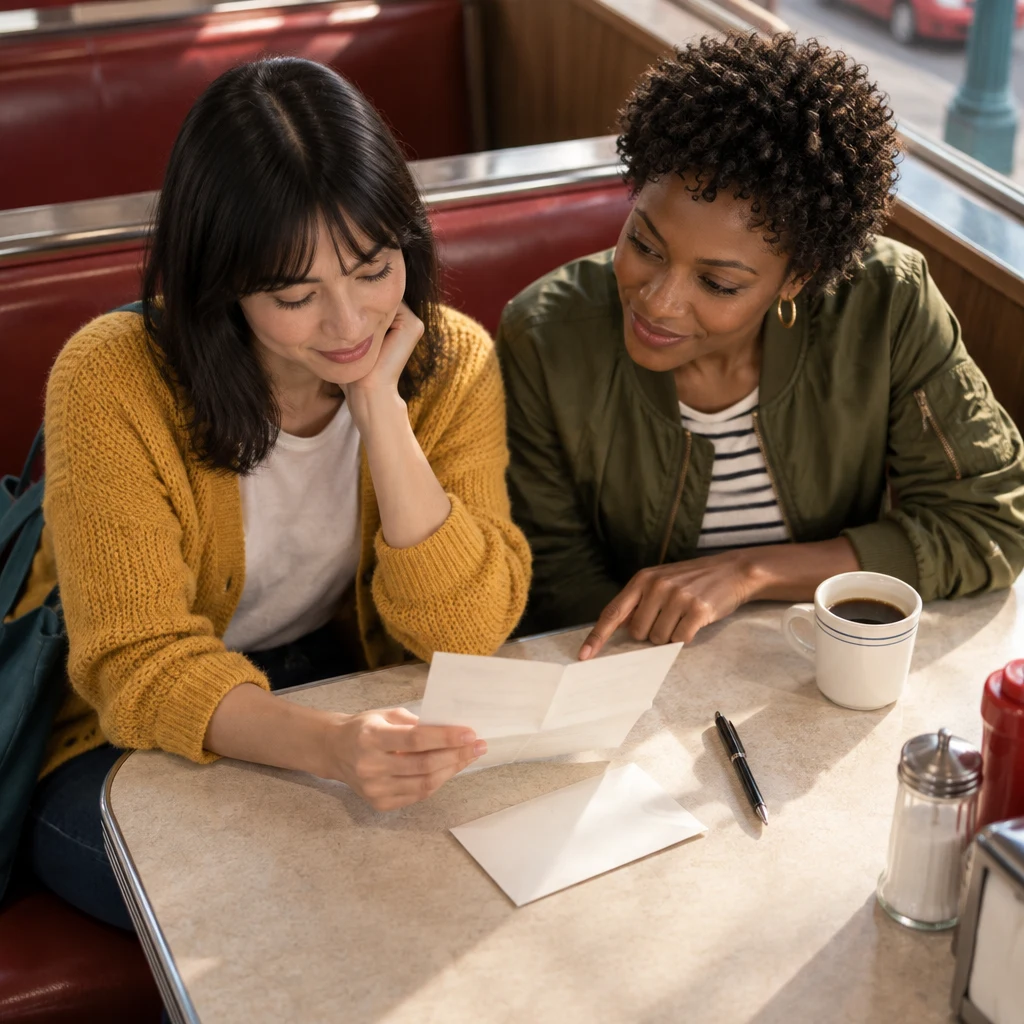 Ana turns to the shorter second note as Tasha gestures toward it beside the coffee.