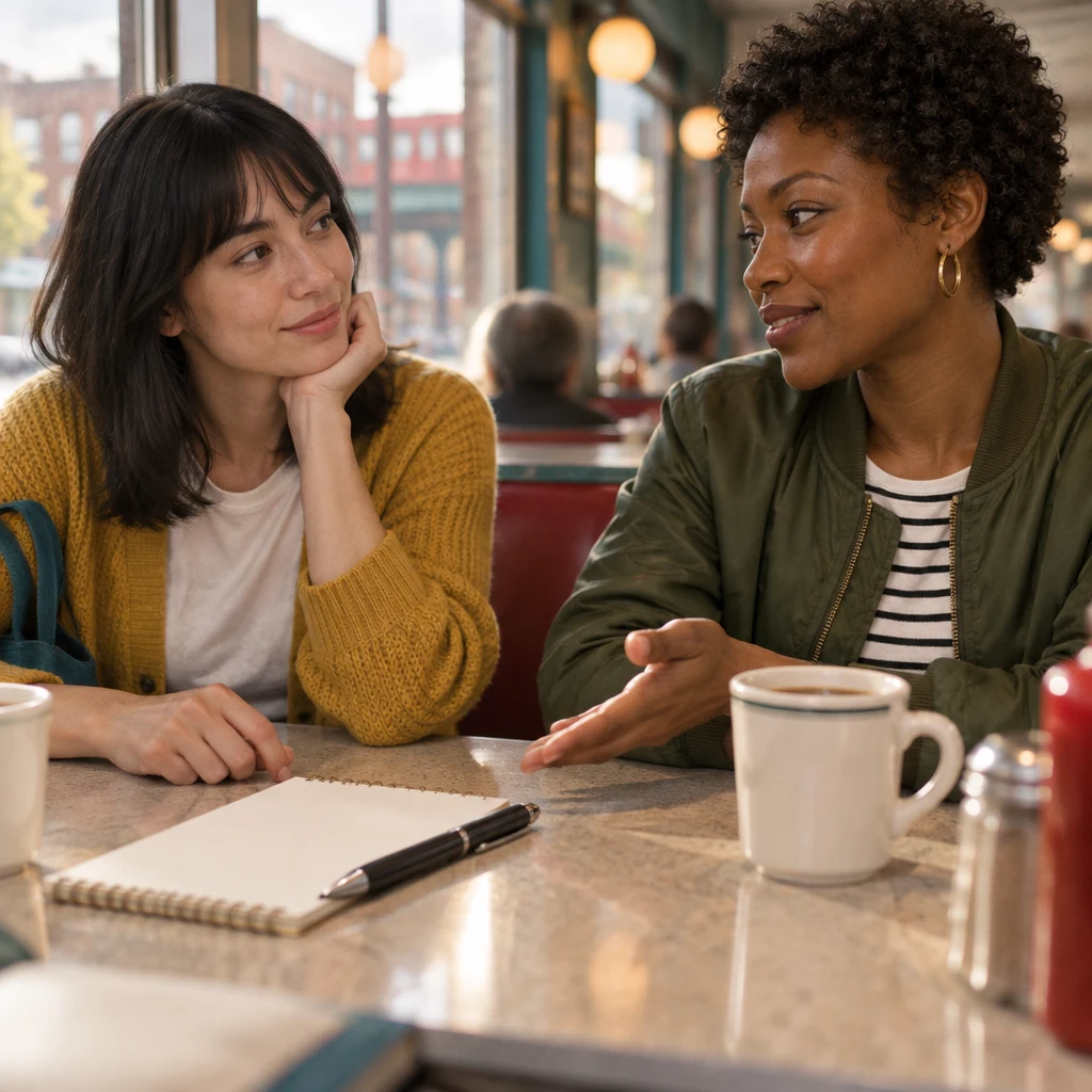 Ana rests the pen beside the second note while Tasha gestures toward the page during their discussion of its formal close.