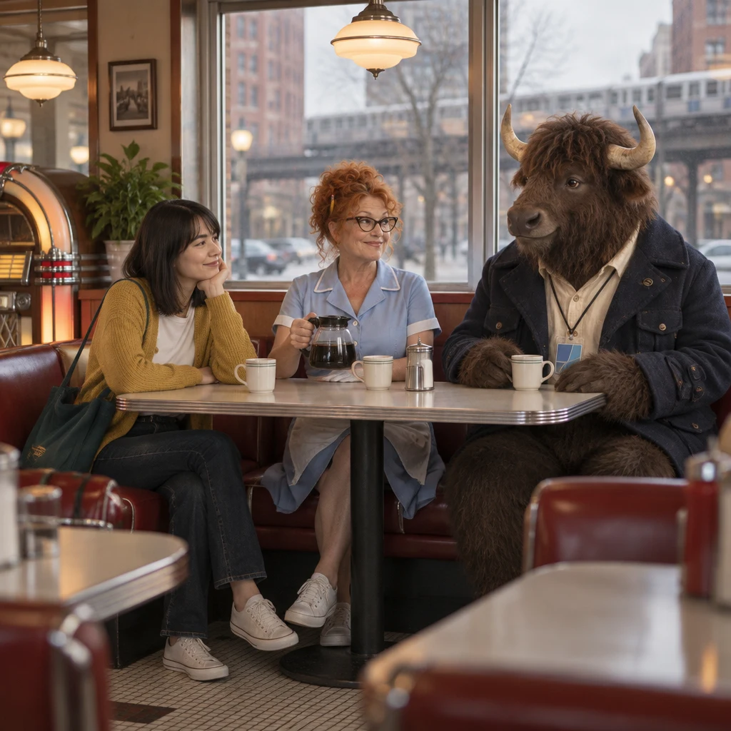 Ana, Dee, and Murray sit together in the Blue Plate window booth on a gray afternoon.