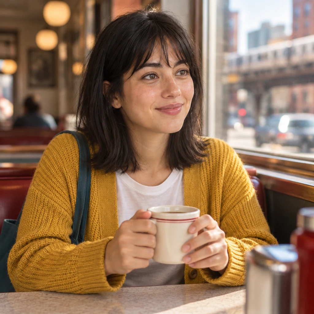 Ana holds her mug and turns toward the people at the table as she begins her story.