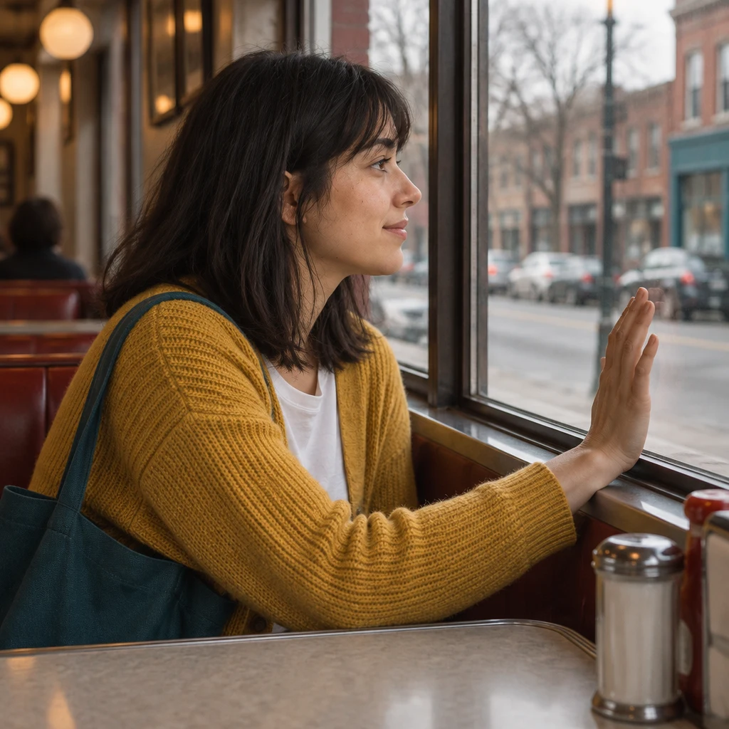 Ana turns toward the window and rests one palm against the glass as she reflects on her first day.