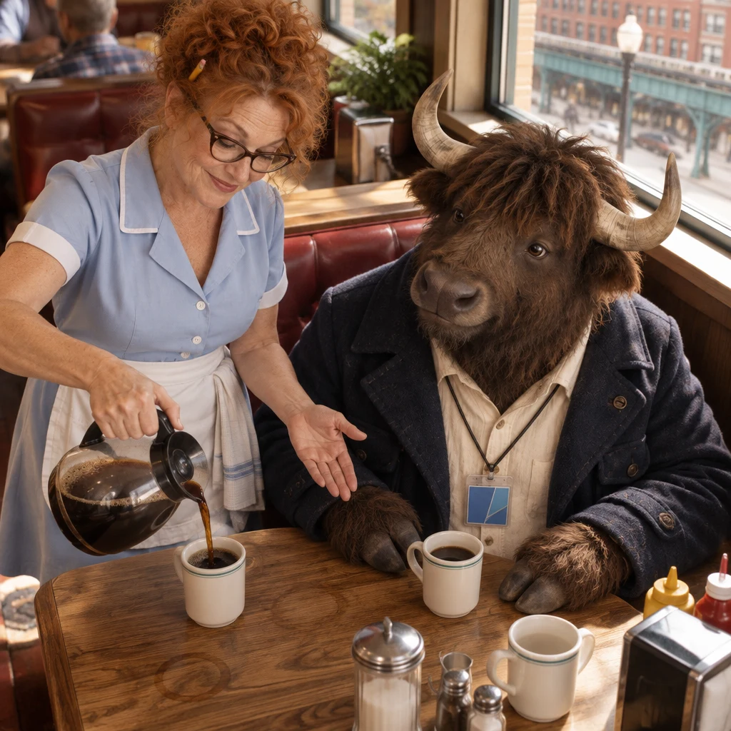 Dee pours coffee for Murray at the booth table while indicating the mugs.