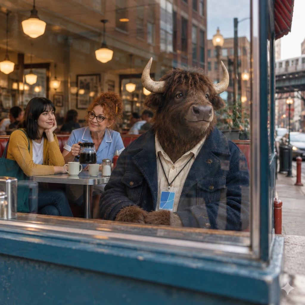 Murray looks through the diner window toward the street while Ana and Dee sit in the booth behind him.