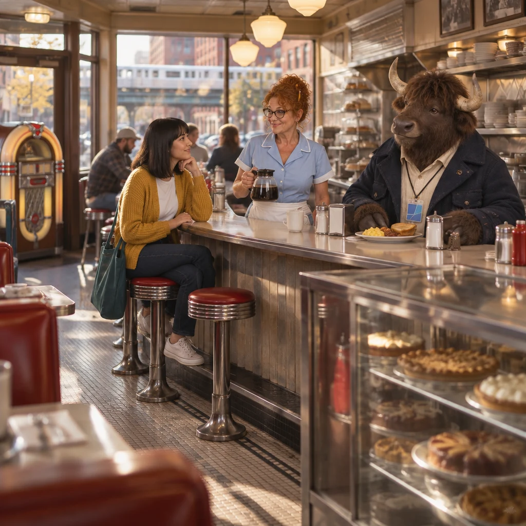 Ana faces Dee and Murray across the crowded Blue Plate counter as the morning gets underway.