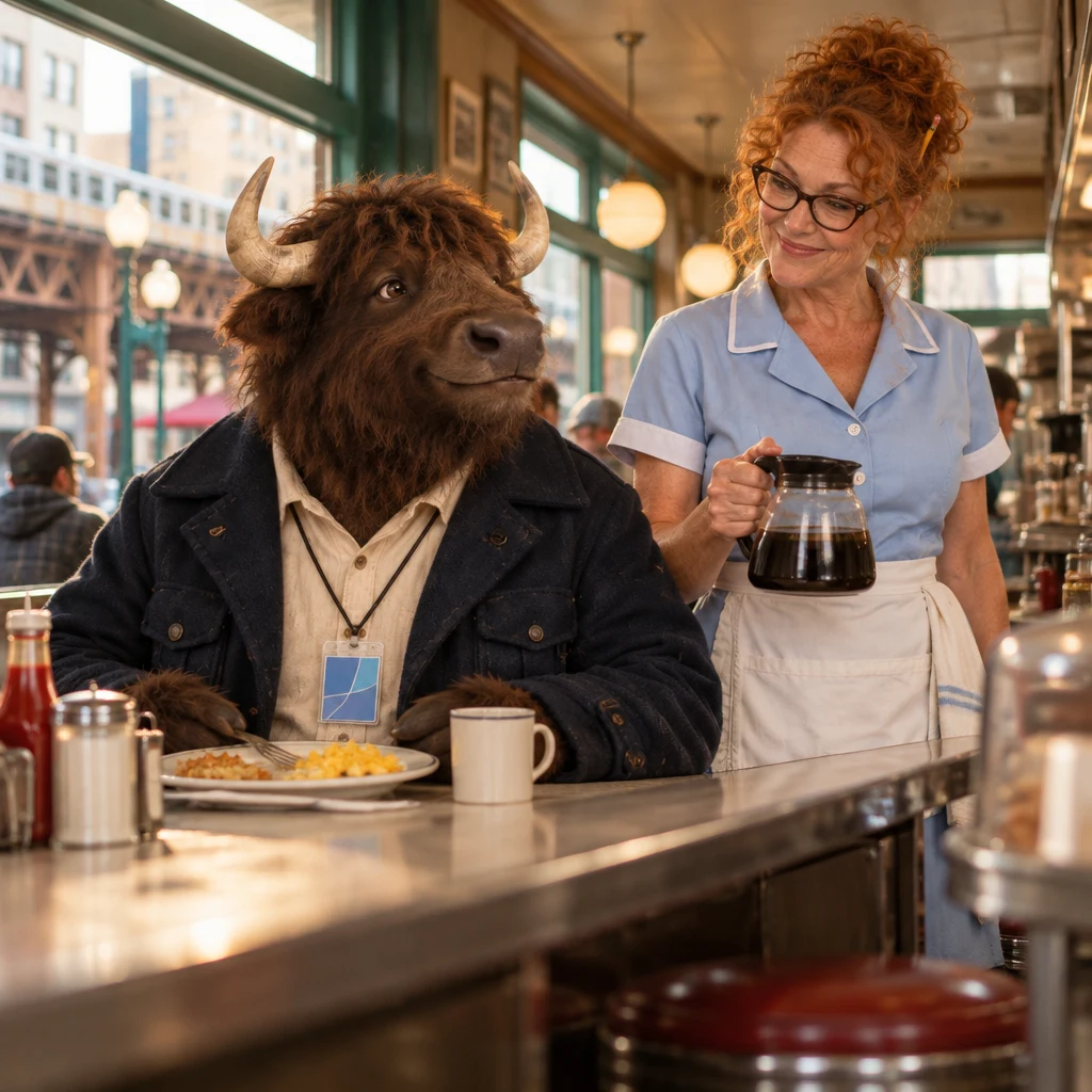 Murray sits comfortably on two stools beside his unfinished eggs and looks toward Dee with the coffee pot.