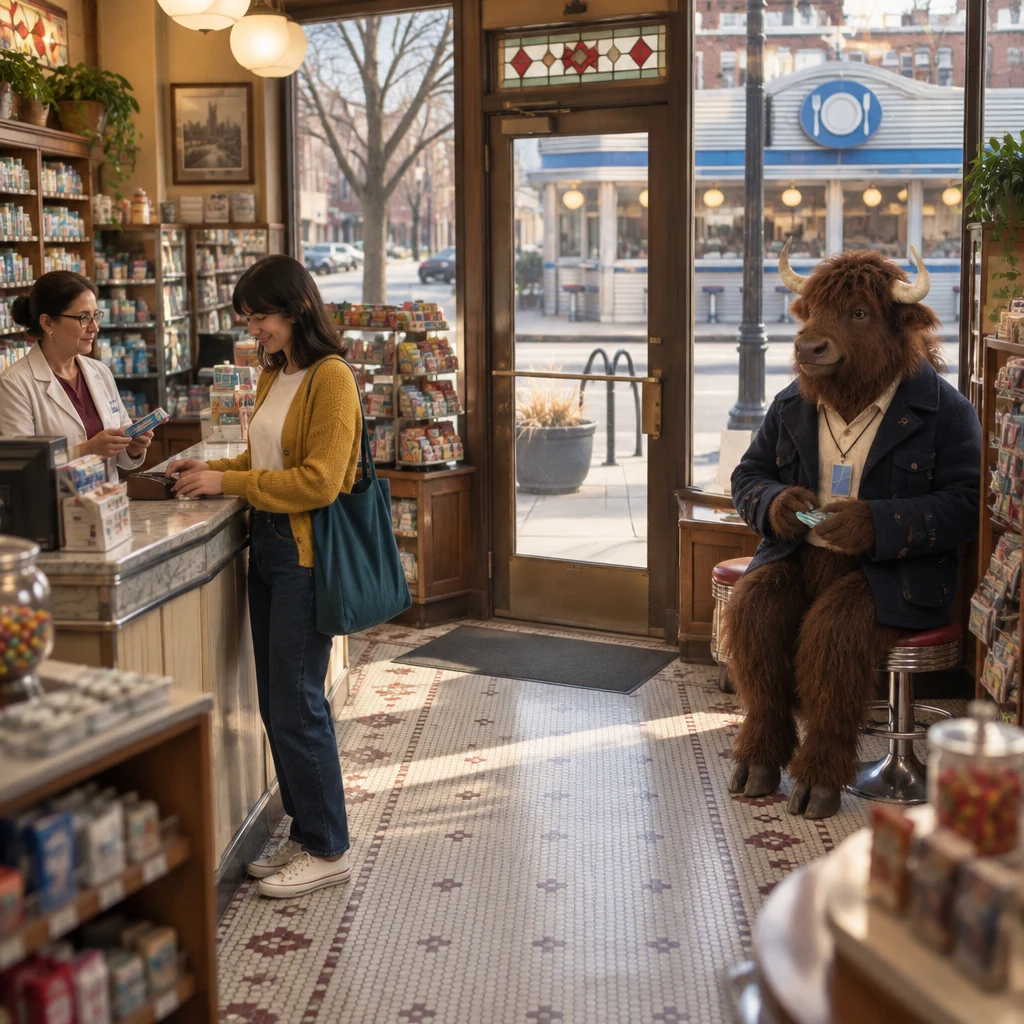 Ana arrives at the drugstore counter with her tote while Murray sits by the entrance holding mints.