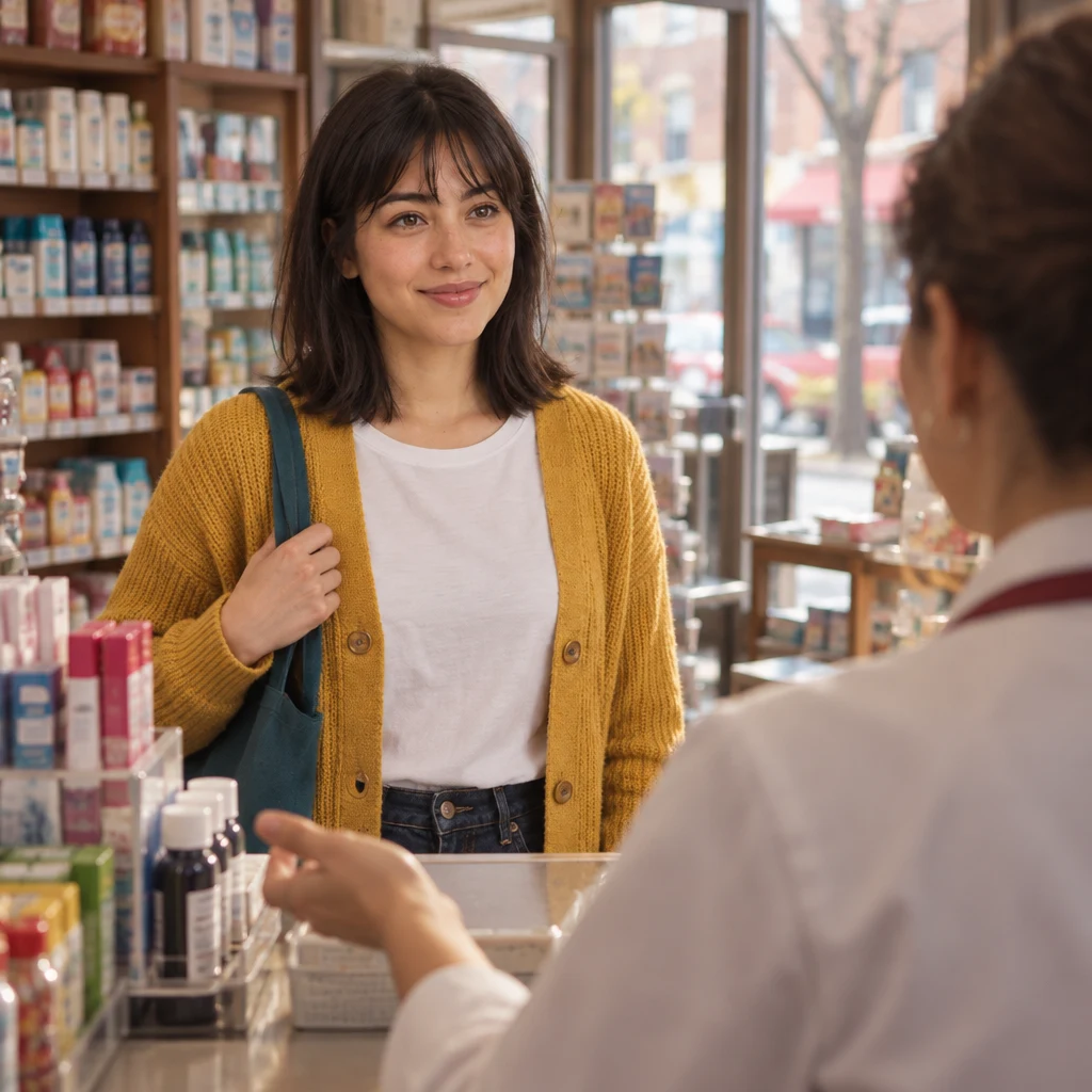The clerk turns toward Ana and invites her to choose what she would like.