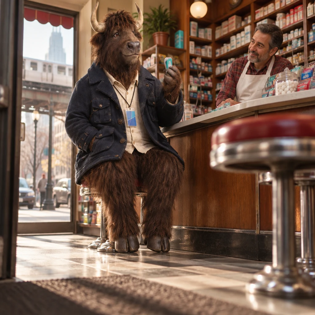Murray holds his mints as the clerk turns to ask what he would like.