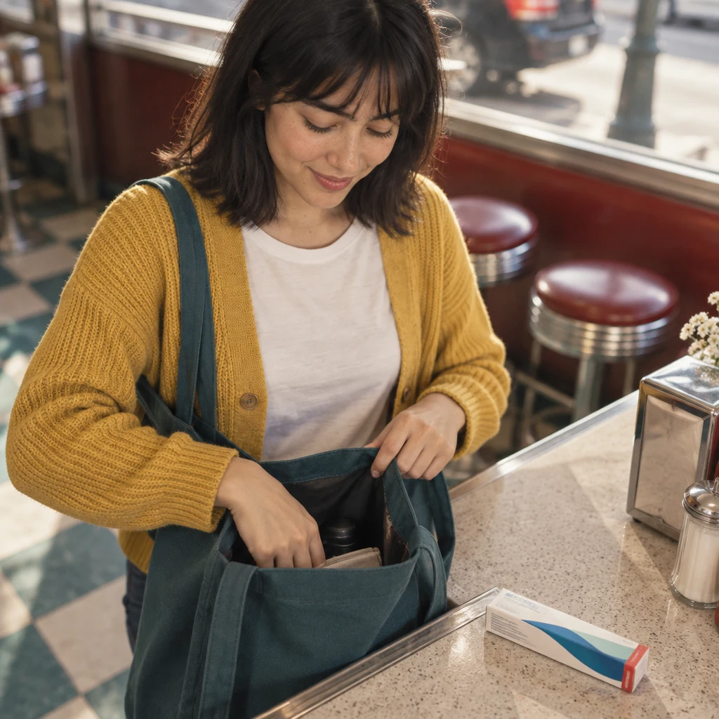 Ana opens her tote at the counter to take things out.