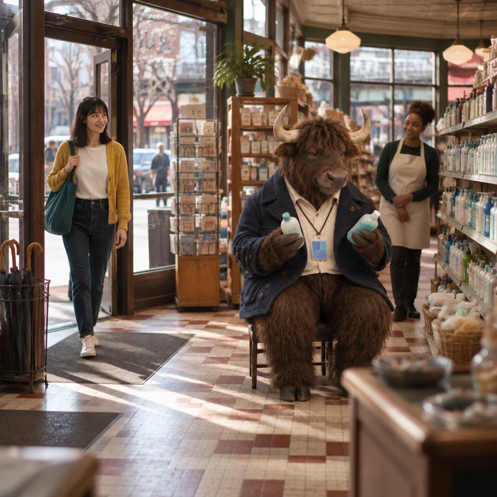 Ana enters the drugstore as Murray waits in the soap aisle with two bottles and a clerk stands by the shelves.