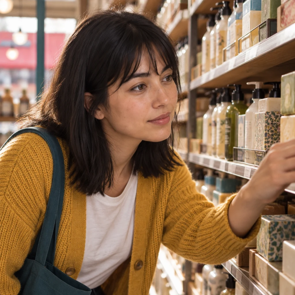 Ana scans the soap shelves, searching for the item she wants to find.