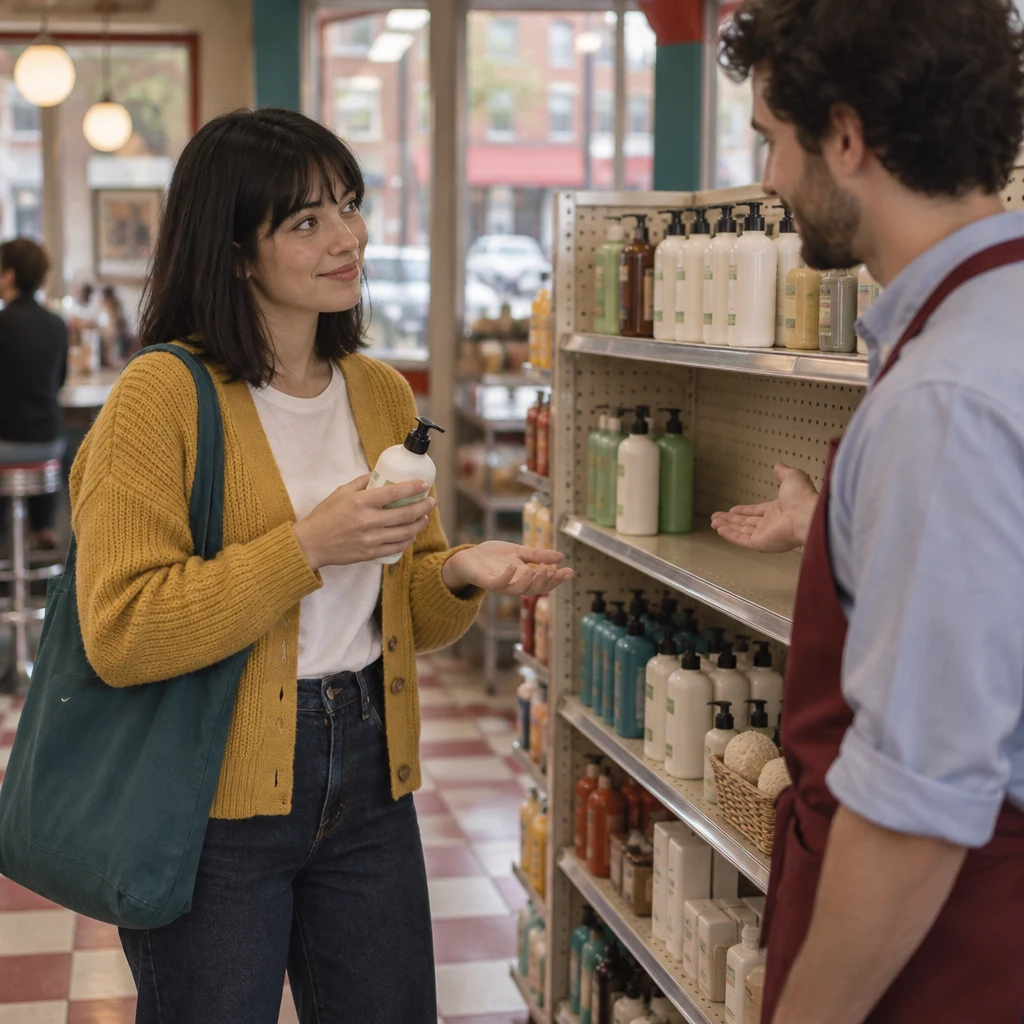 Ana asks whether there are other soaps like this one, and the clerk indicates the sparse shelf.