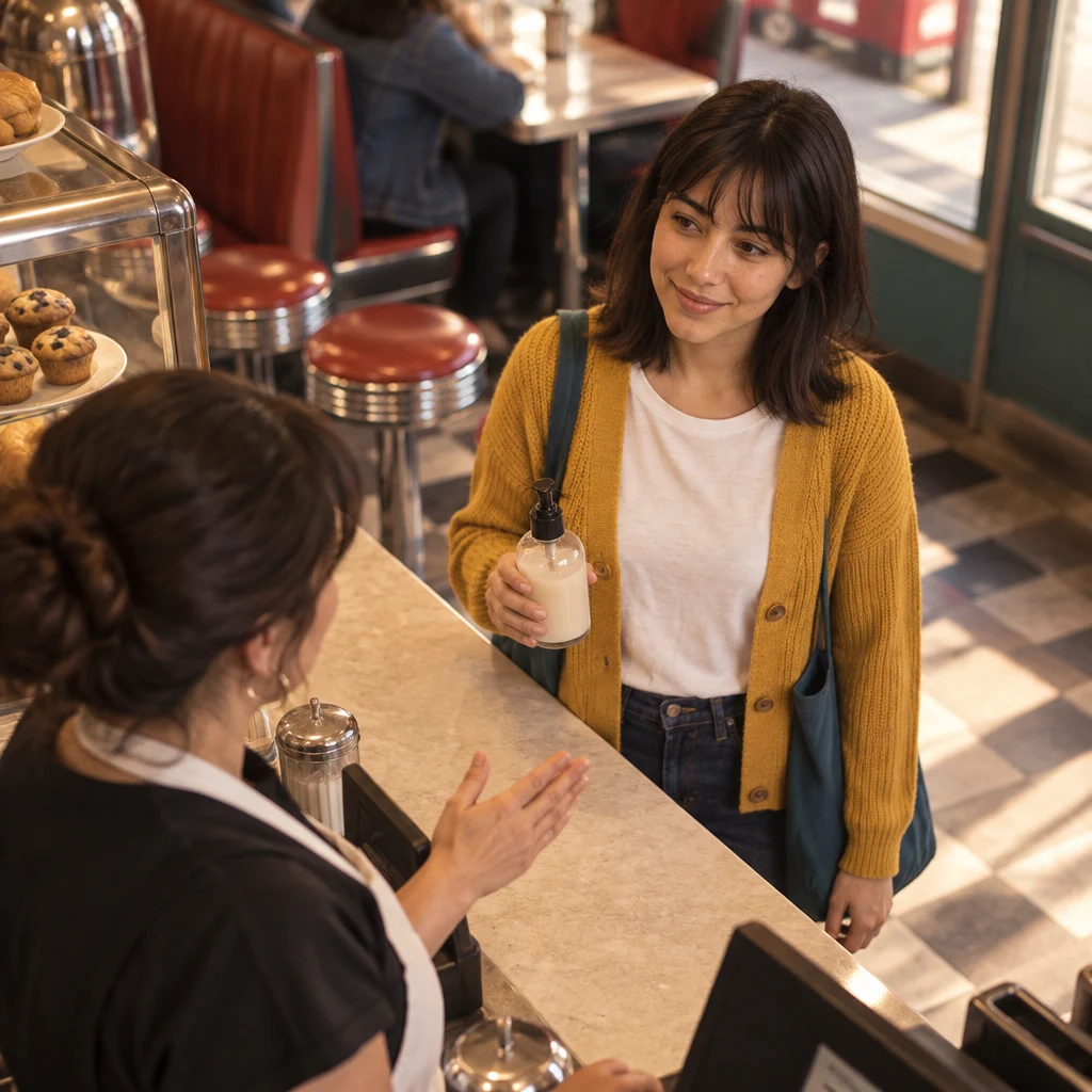 Ana keeps the bottle in her hand to show she is not ready to buy yet while the clerk reassures her.