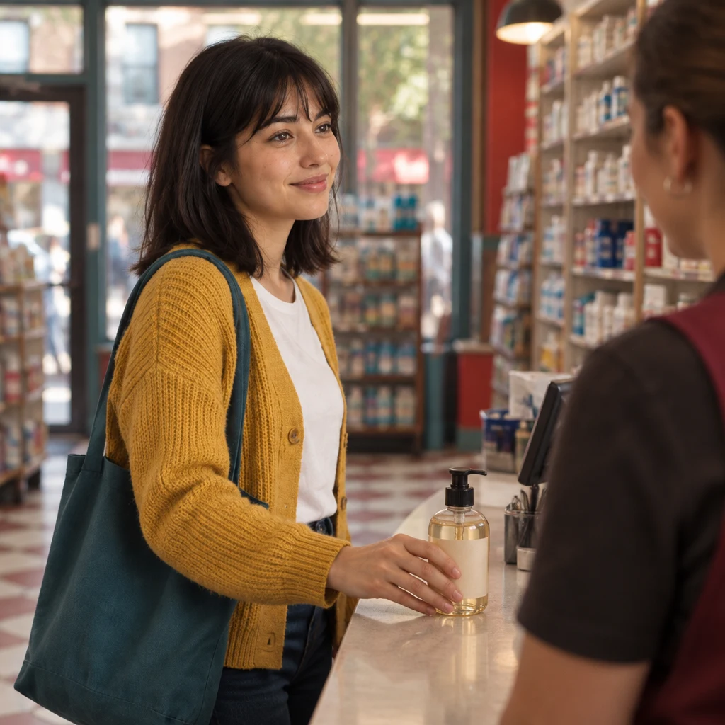 Ana places the soap bottle on the counter with a settled gesture, ready to buy it.