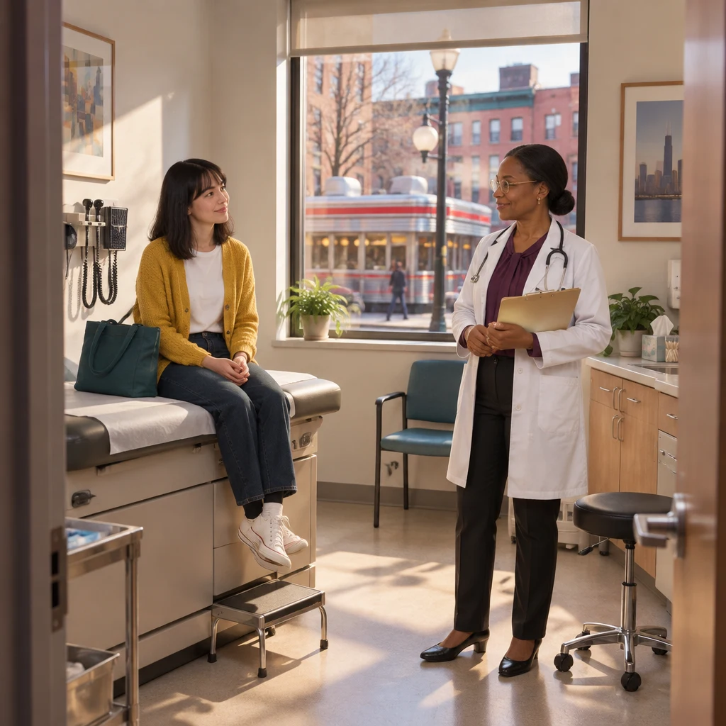 Ana sits on the exam couch as Dr. Okafor begins the visit.