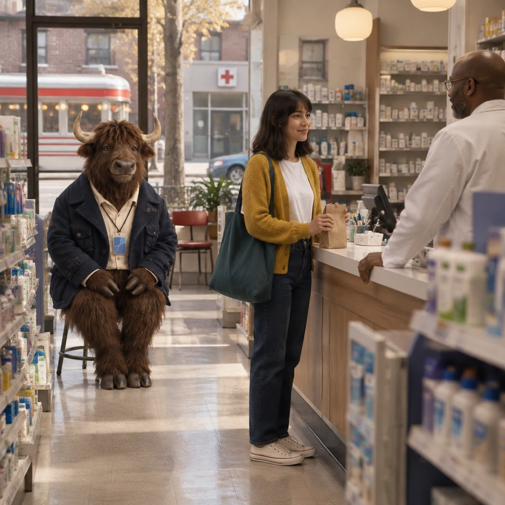 Ana waits at the pharmacy counter with her paper bag while Murray sits in the aisle behind her.