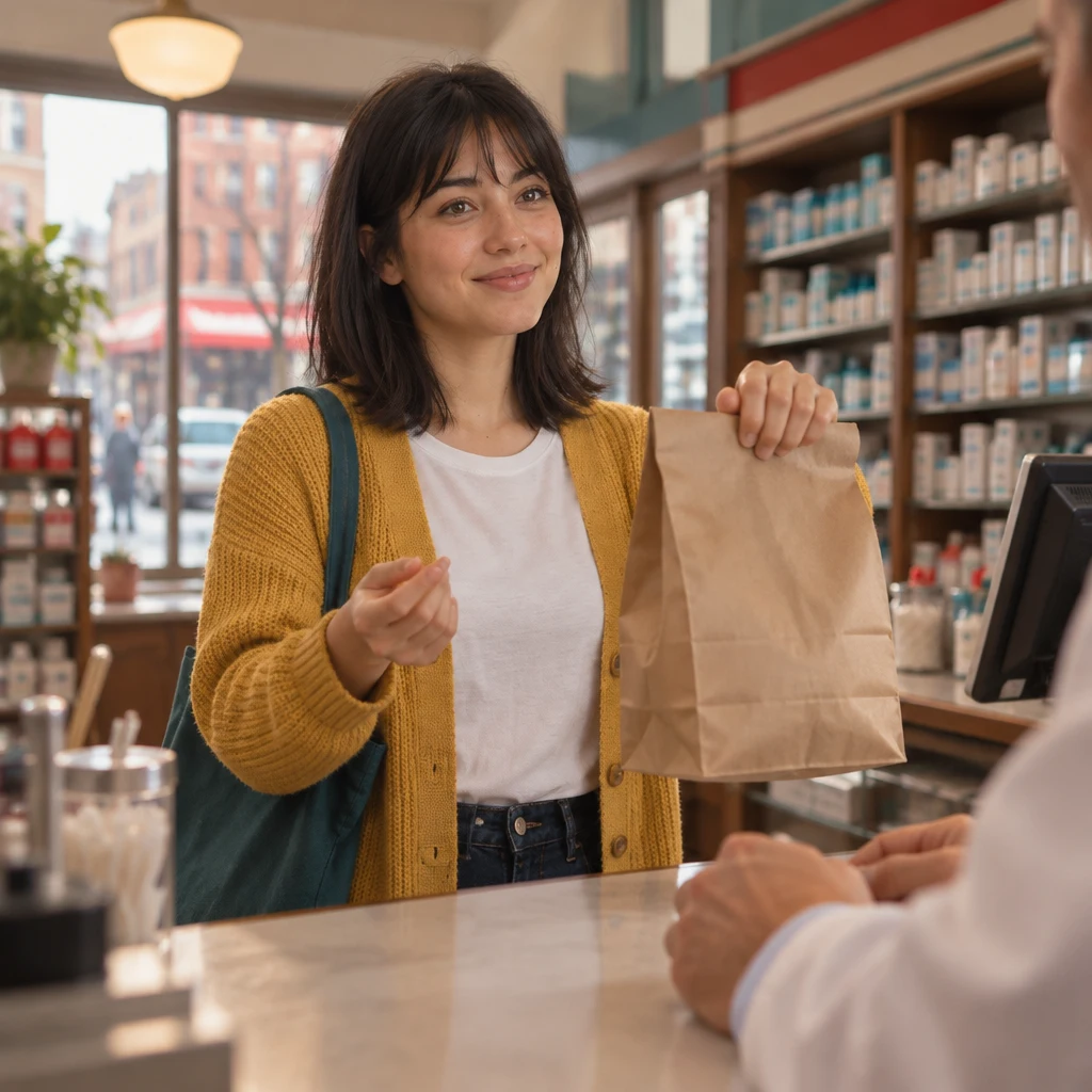 Ana lifts the paper bag toward the pharmacist as she asks how often to take the medicine.