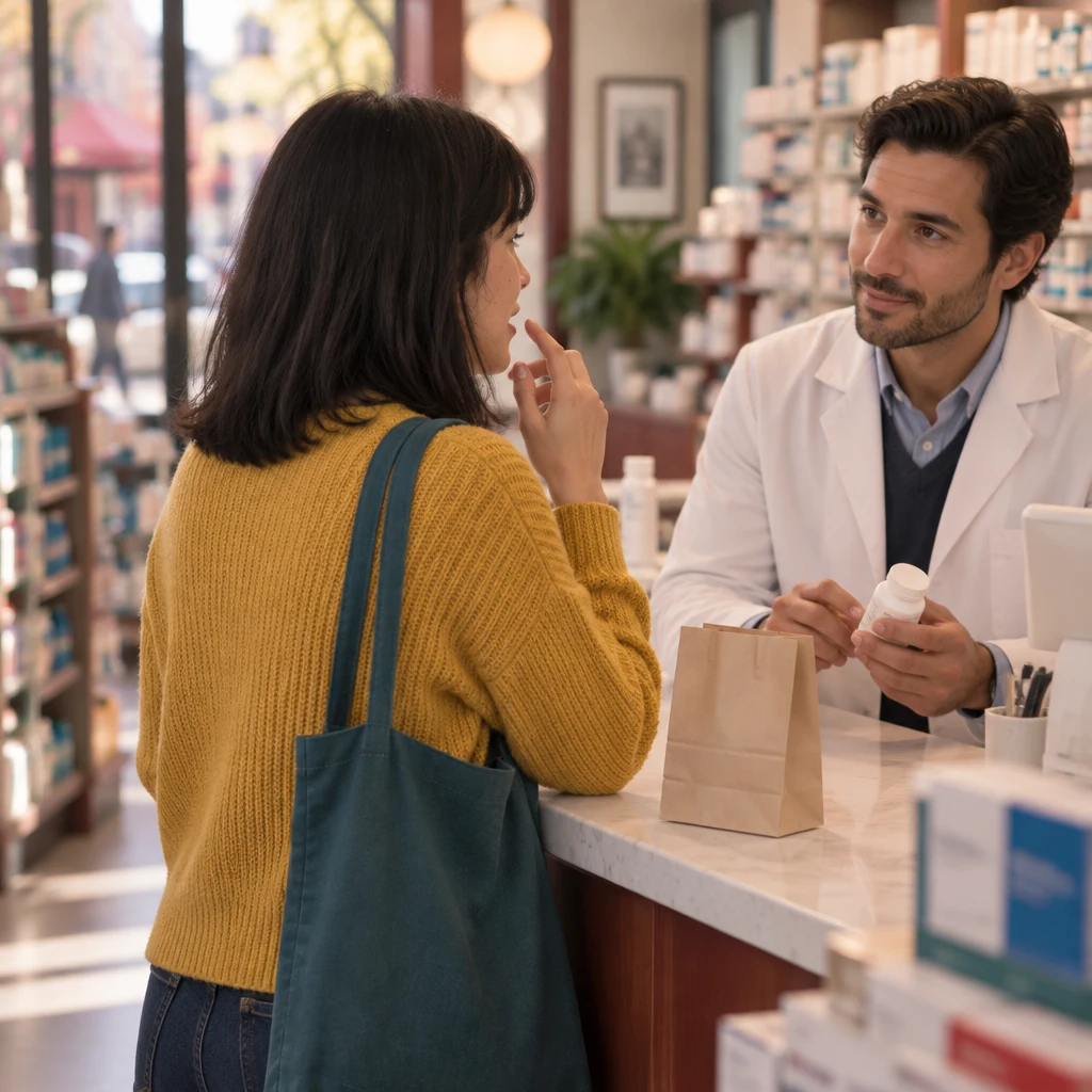 Ana gestures toward her mouth to ask whether she should eat when taking the medicine.