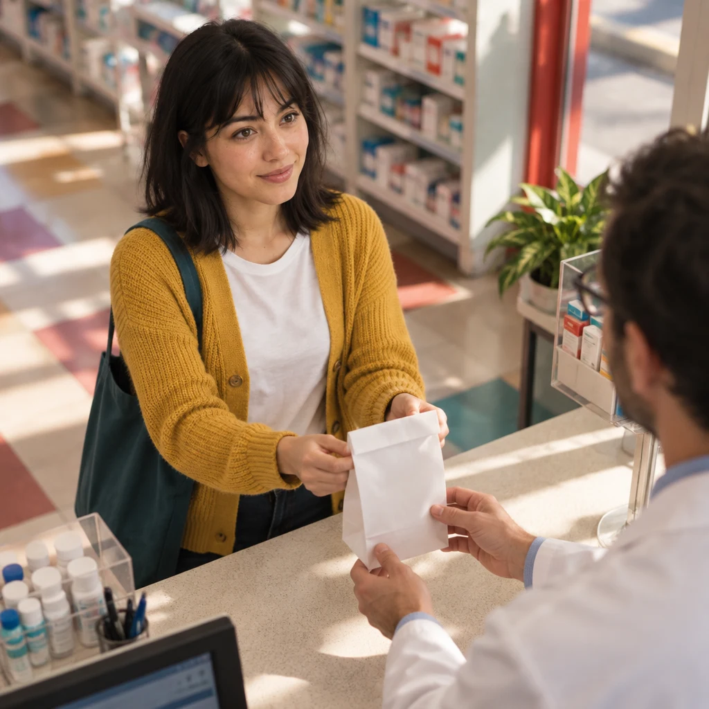 Ana holds the paper bag toward the pharmacist as she asks how many days to take the medicine.