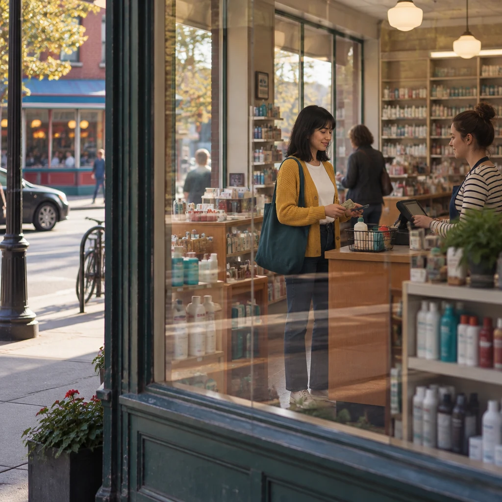 Ana stands at the drugstore counter with her basket, cash, and bank card as the clerk waits across from her.