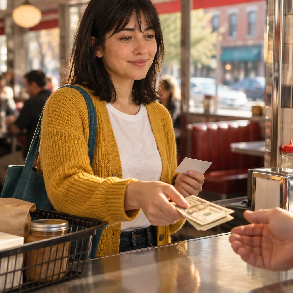 Ana holds out cash toward the clerk across the counter.