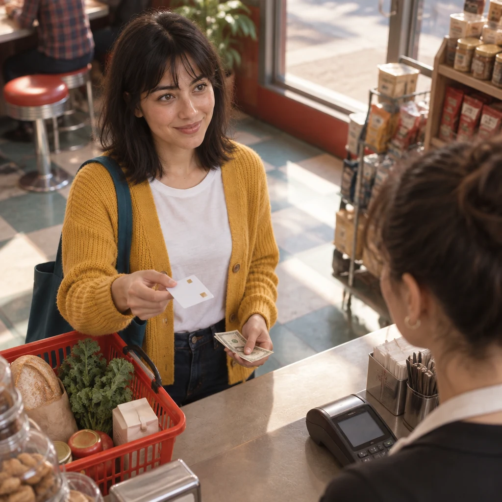 Ana lifts her bank card toward the clerk at the counter.
