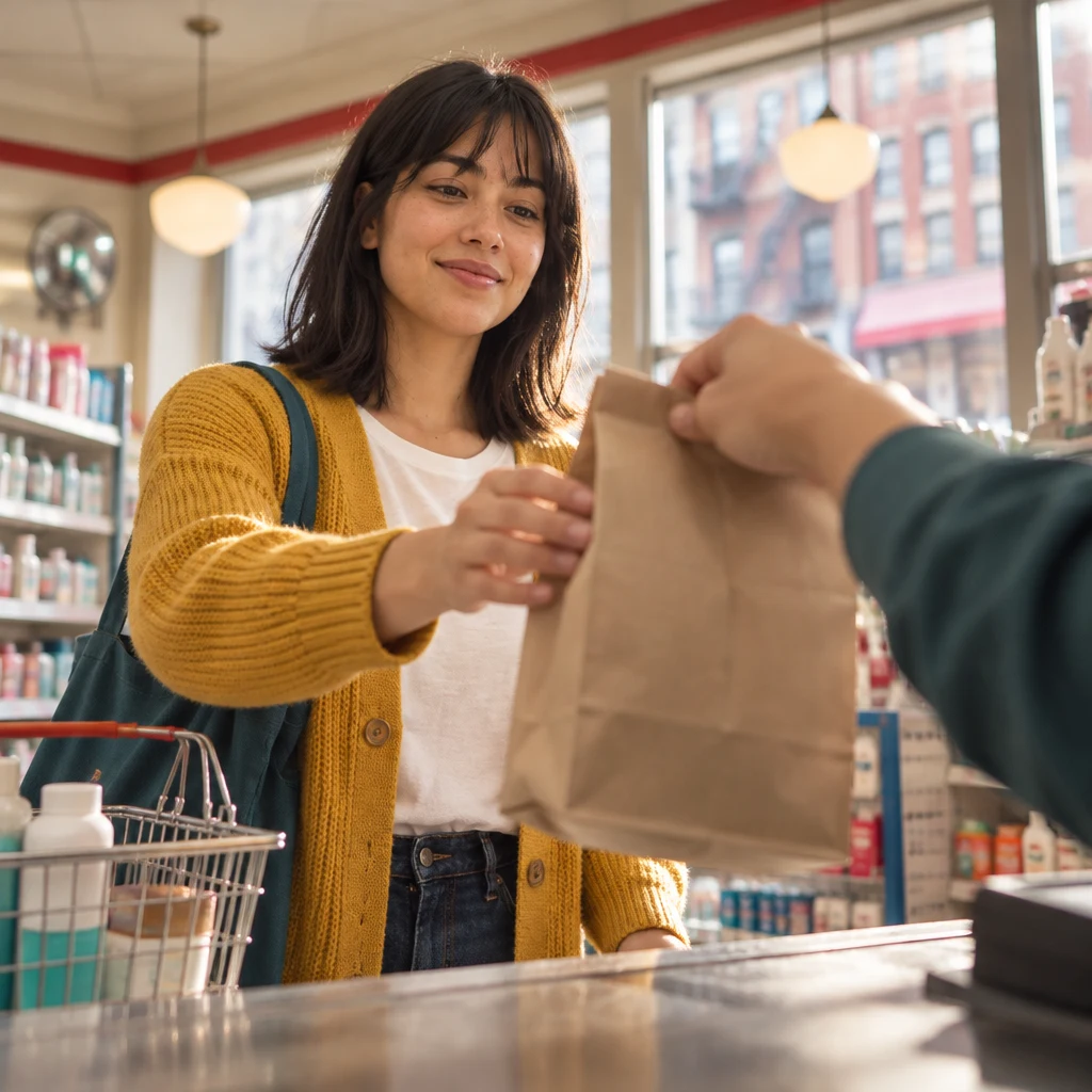 The clerk holds a plain paper bag out to Ana across the counter.