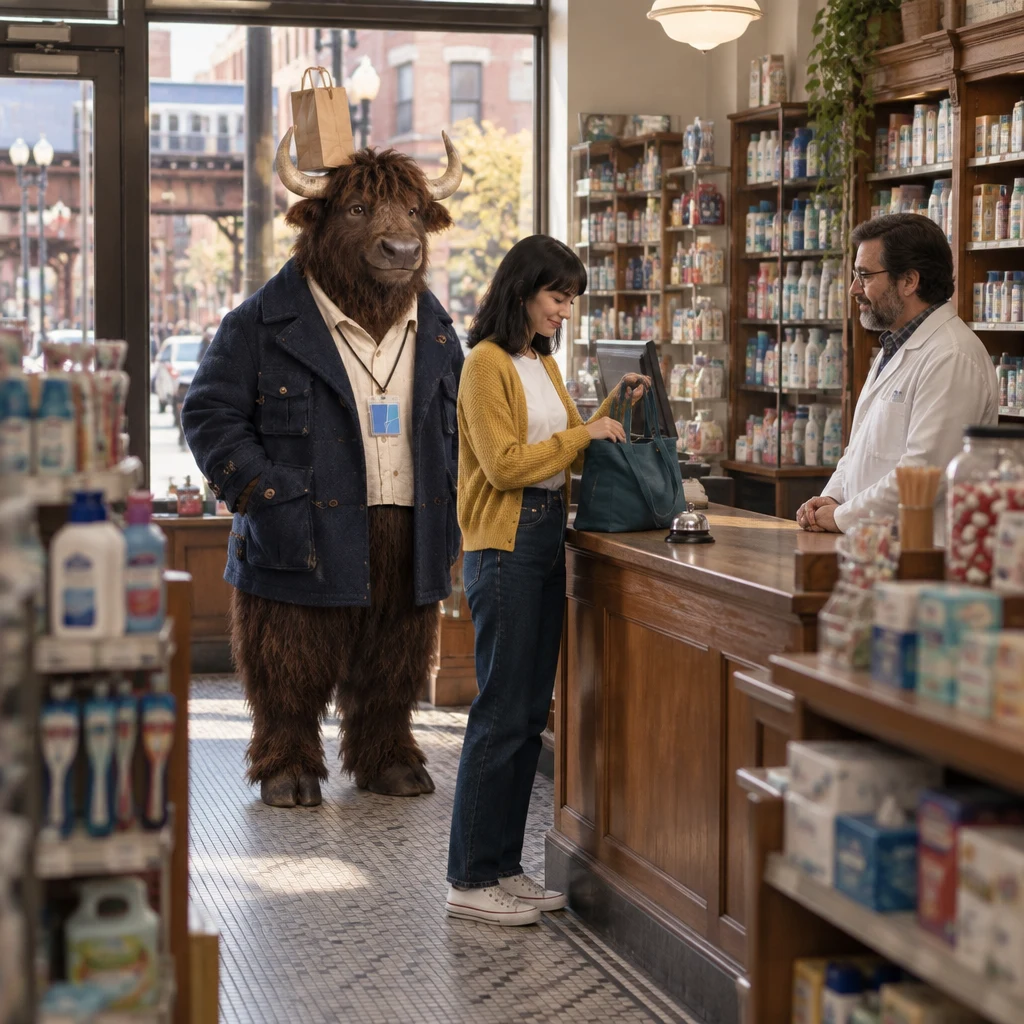 Ana places her things on the drugstore counter while Murray waits behind her and the clerk stands by the service bell.