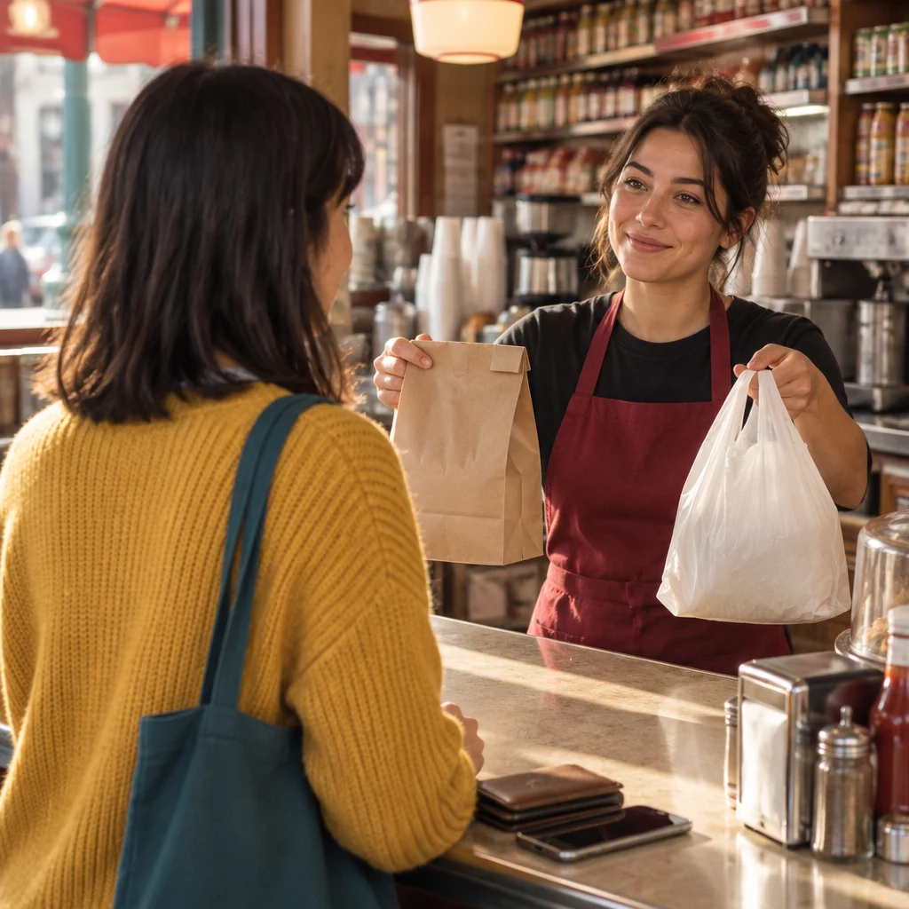 The clerk offers Ana a paper bag and a plastic bag to choose from.