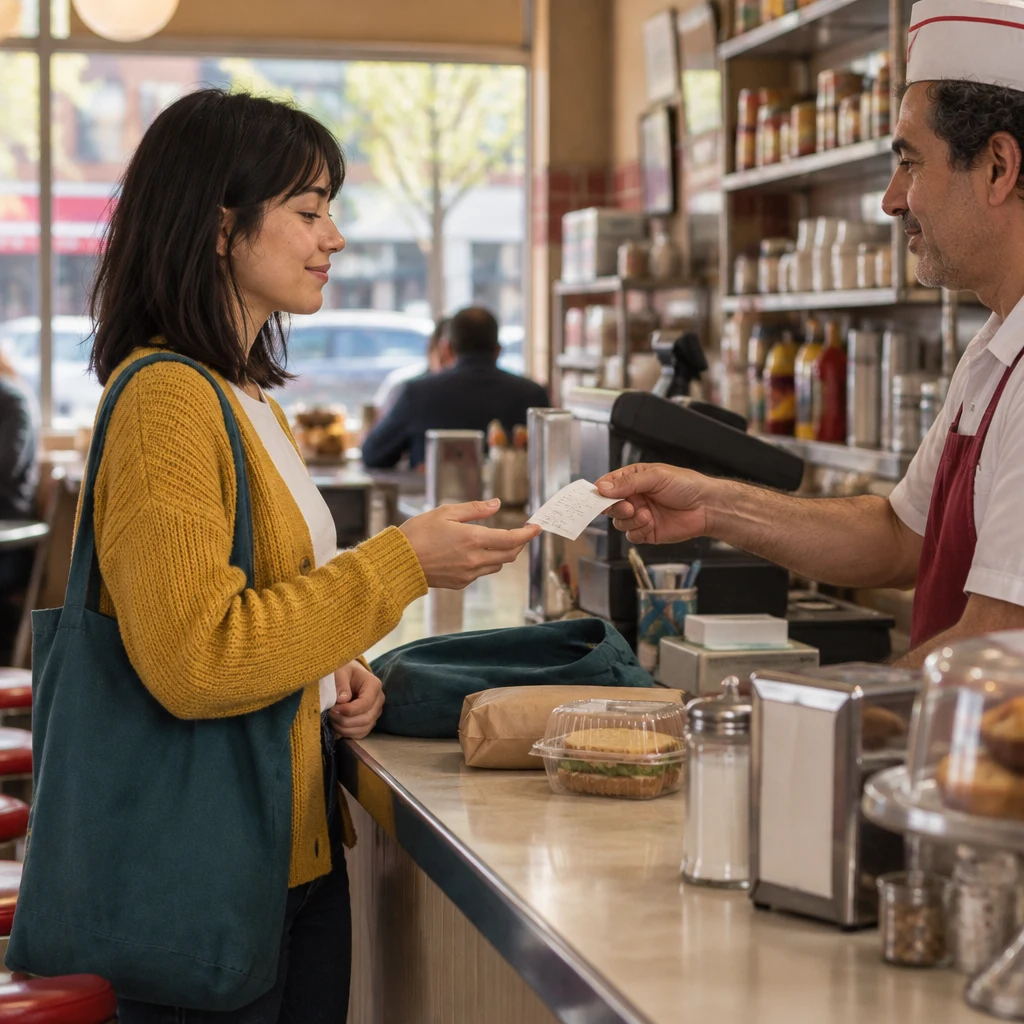 The clerk holds out a receipt for Ana to accept.