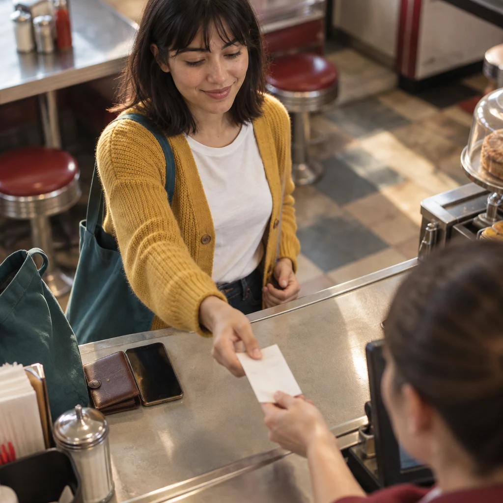 Ana reaches across the counter to take the receipt from the clerk.