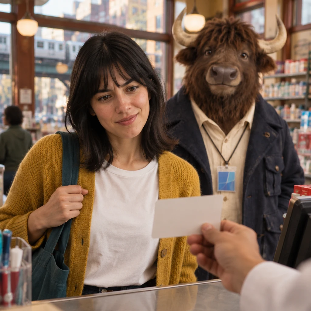 Ana looks curiously at the shop points card the clerk holds up, while Murray stands behind her.