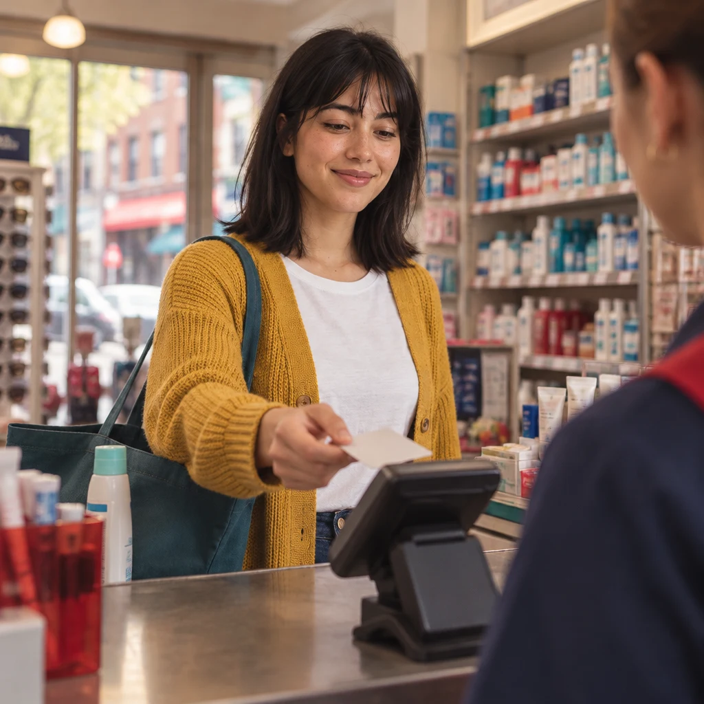 Ana holds her bank card toward the terminal as she chooses to pay from her account.