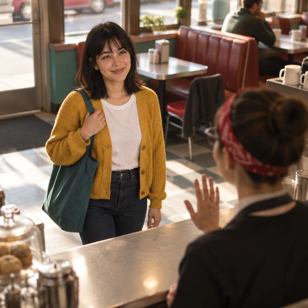 Ana politely greets the clerk at the counter, and the clerk welcomes her with a casual wave.