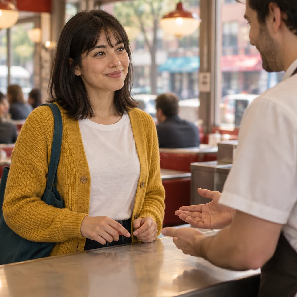 The clerk offers Ana help with an open-handed gesture across the counter.