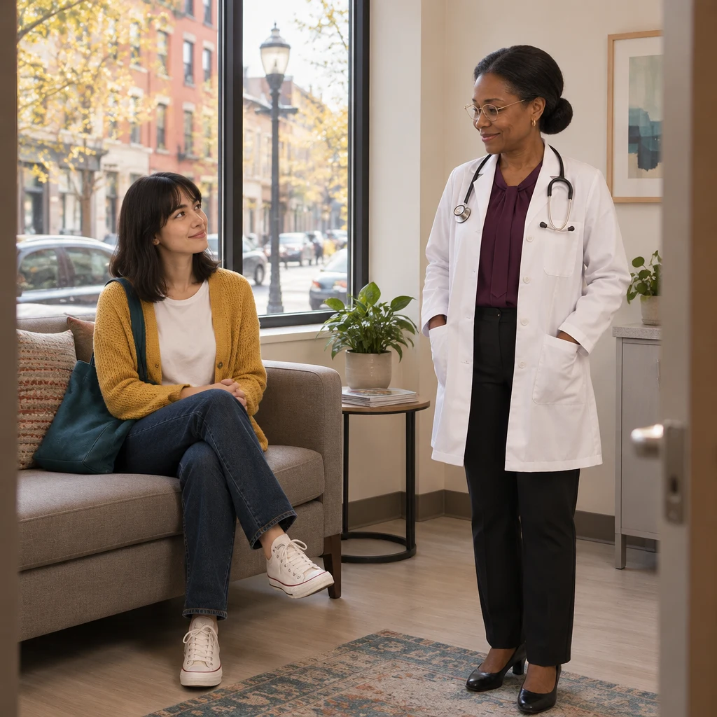 Ana sits on the high couch as Dr. Okafor waits nearby in the pale clinic room.