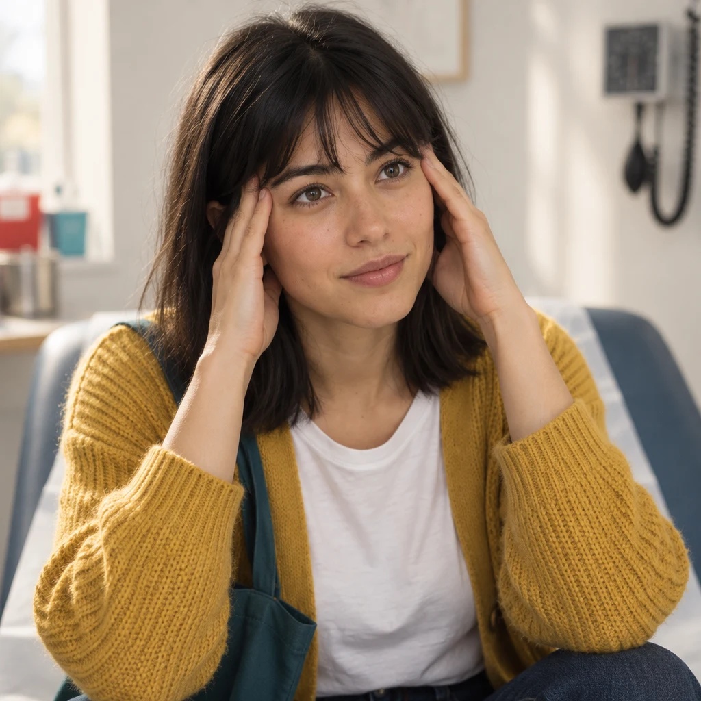Ana sits on the couch with both palms at her temples as she indicates head pain.