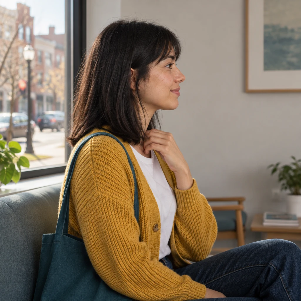 In profile, Ana rests her fingertips at the front of her throat.
