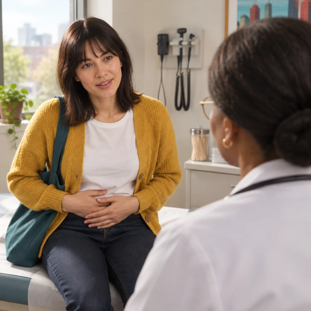 Ana leans forward on the couch with both hands over her belly while Dr. Okafor listens.
