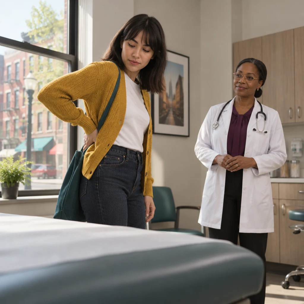 Ana reaches one hand to her lower back while Dr. Okafor watches from farther back.