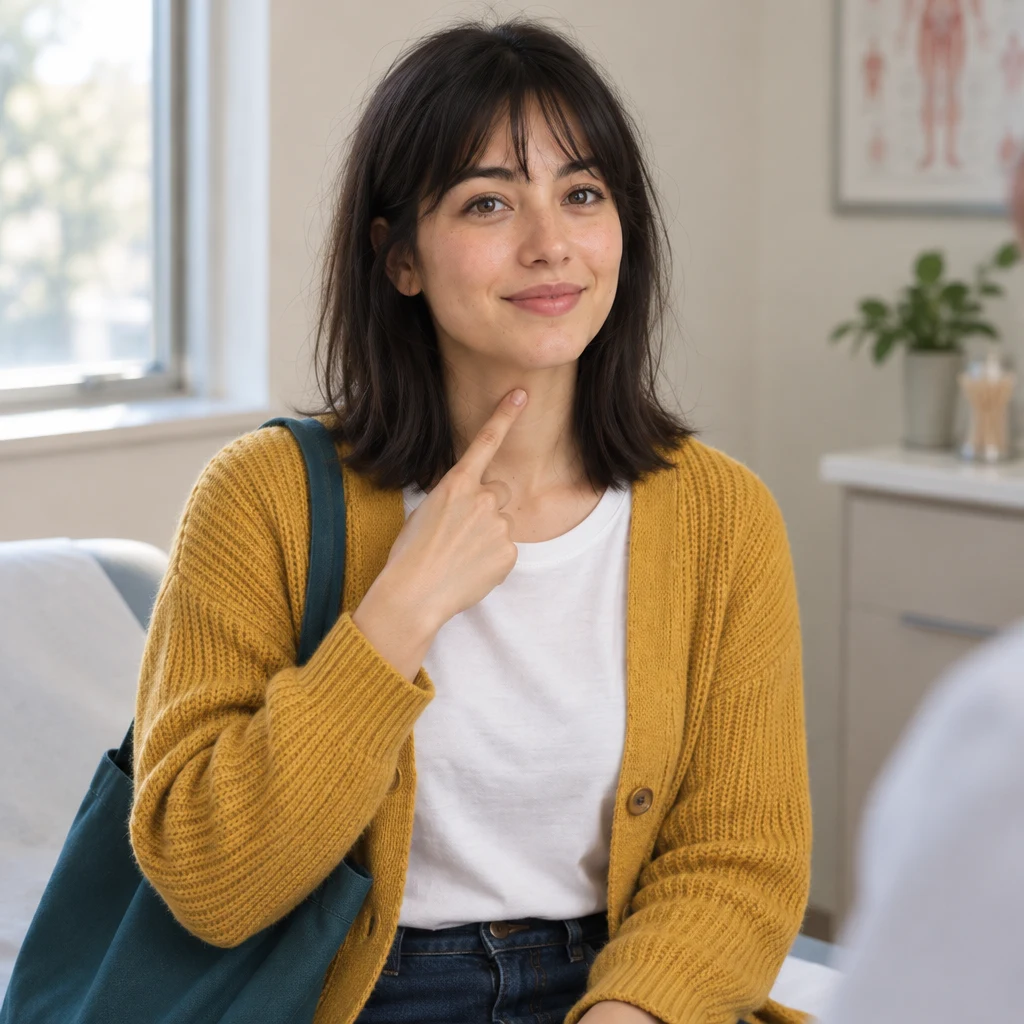 Ana points to the front of her throat to indicate one painful place.