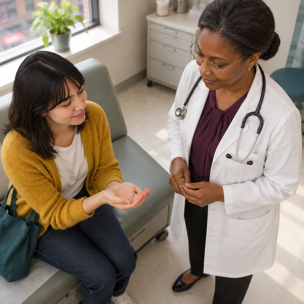 Ana holds one hand in her other palm and presents it to Dr. Okafor.