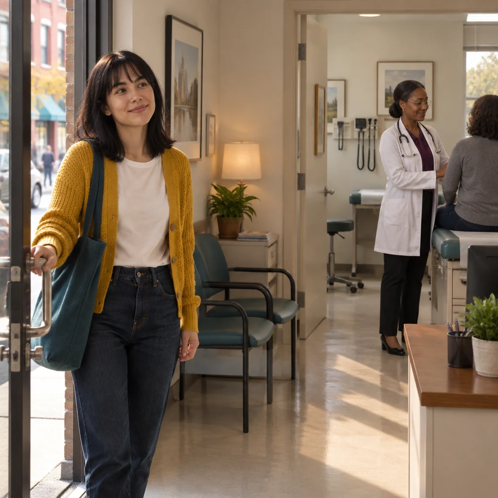 Ana pushes open the clinic door as Dr. Okafor tends to a patient beside the high exam couch down the hall.