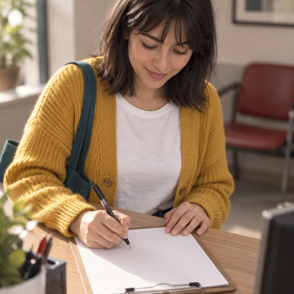 Ana writes her name on the clinic sign-in list at the small desk.