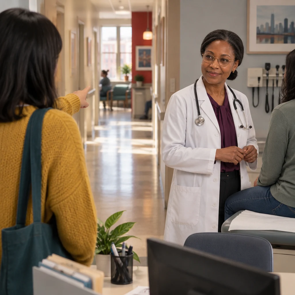 Ana points down the hallway toward Dr. Okafor to identify the doctor she came to see.