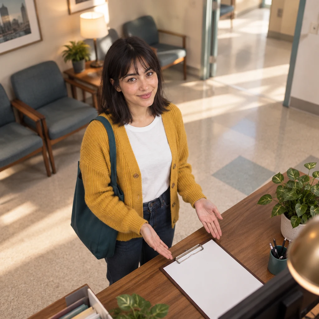 Ana gestures toward the blank list on the desk to ask where to put her name.