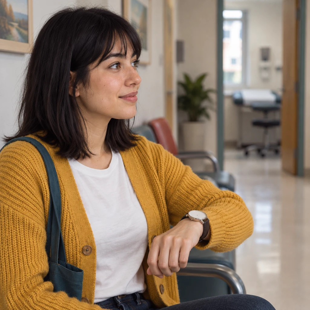 Ana checks her blank watch while glancing toward the hallway for her scheduled visit.